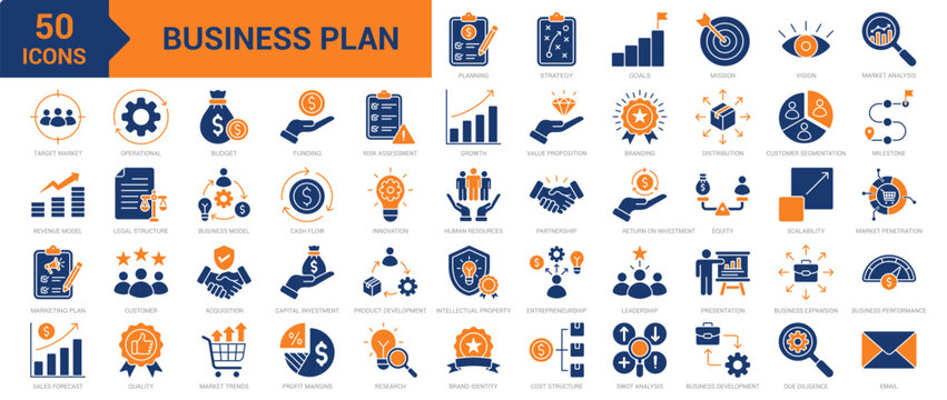 Business Plan icon collection set. Containing planning, strategy, vision, mission, goals, branding, distribution, customer segmentation, business expansion, innovation, growth icon. Simple flat vector