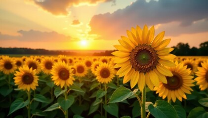 Fototapeta premium Golden hour sun dips behind vast sunflower field, rural landscape, golden hour, countryside, agriculture