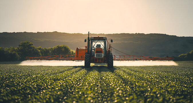 Red Tractor Spraying Soybeans at Sunrise with Sparkling Dew and Forest Background