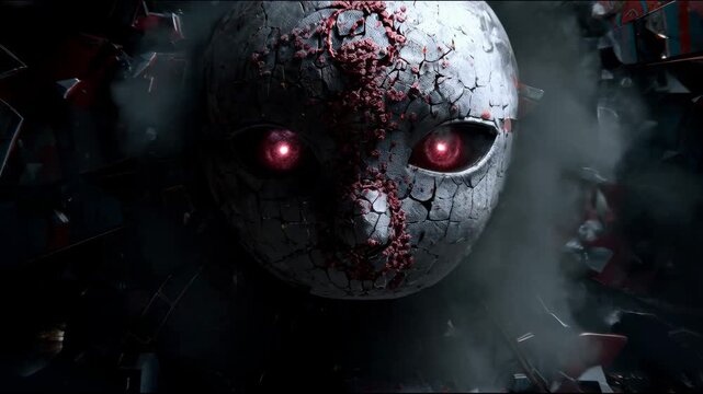 A cracked mask with glowing red eyes surrounded by flying shards and debris against a backdrop of a destroyed wall with red and blue patterns