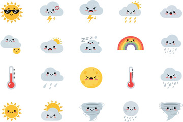 Set of cute kawaii weather icons with emotions. Vector characters of sun, cloud, storm, and rainbow.
