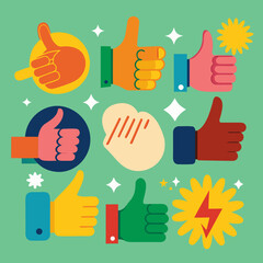 Obraz premium Collection of colorful thumbs up icons with sparkling accents