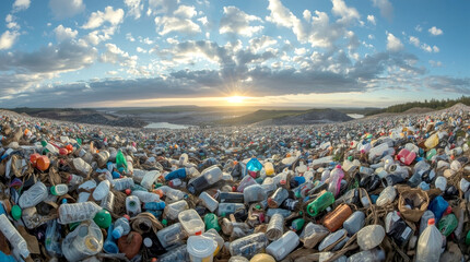 Plastic bottles at landfill. massive landfill or garbage dump, with huge mountains of trash and plastic waste stretching across the landscape under a dramatic sky with a bright sunset.