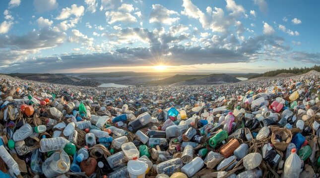 Plastic bottles at landfill. massive landfill or garbage dump, with huge mountains of trash and plastic waste stretching across the landscape under a dramatic sky with a bright sunset. - Powered by Adobe