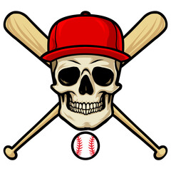 Skull Wearing Baseball Cap Crossed Bats Vector Illustration