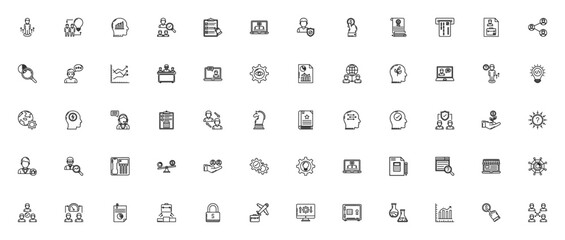 Business and finance icon set. Minimal vector icons pack. Includes symbols for investment, charts, teamwork, security, research, global business, and more. Editable stroke.