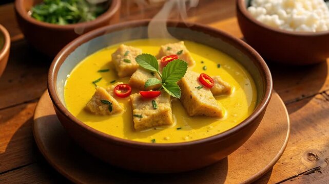 Experience the Flavors of India: Steaming Meen Moilee with Golden Turmeric Broth and Coconut Milk on Teak Wood, a Vibrant Culinary Delight
