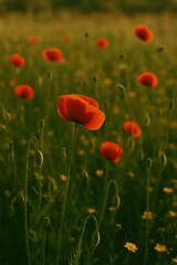 Fototapeta premium Vibrant red poppies bloom across lush green meadow, capturing spring’s beauty in a peaceful countryside landscape.