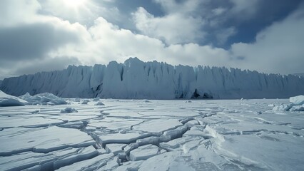 Vast Antarctica Landscape Featuring Colossal Vertical Ice Cliffs, Cracked Terrain, and Atmospheric Snow Clouds in Cinematic Detail