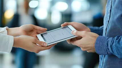 Two people exchanging a digital tablet, focusing on hands and the device in a professional setting.