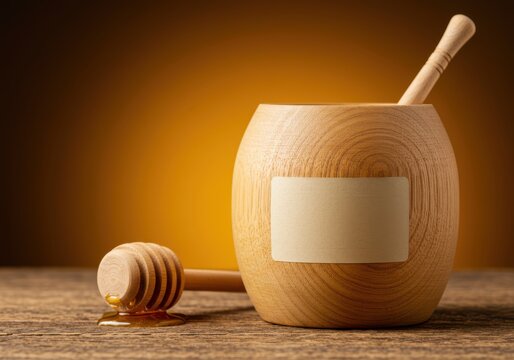 Wooden honey pot with a dipper and dripping honey - Powered by Adobe