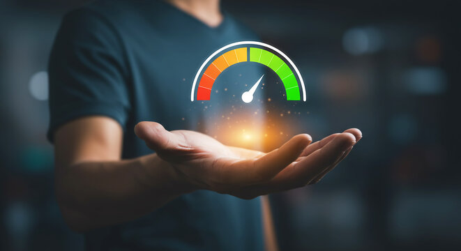 Hand Holding Performance Speedometer or Gauge, Representing Business Improvement and Efficiency