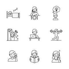 Fototapeta premium Daily life icons represent rest, eat, think, shower, work, exercise, call, read, and ponder.