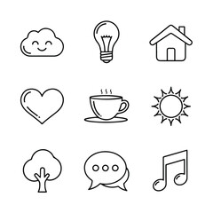 Charming icons for happy living, ideas, home, love, coffee, and nature