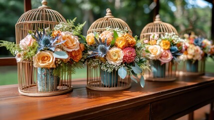 Floral arrangements in bird cages