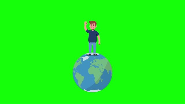 A variations of the global character theme, featuring a man in a dark blue shirt and jeans waving from the top of the globe. The animation is clean and centered on a chroma key background, ideal for c