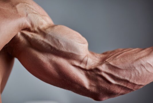 Close-up of a muscular, veiny arm showing defined biceps and triceps against a neutral gray background.