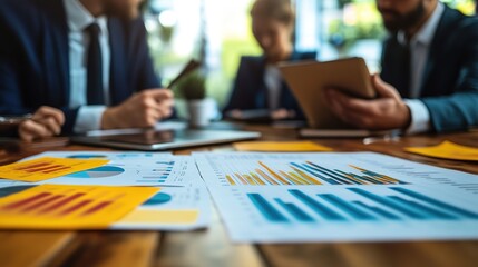 Business professionals analyze charts and graphs during a meeting, focusing on financial data and performance metrics in a collaborative office setting.