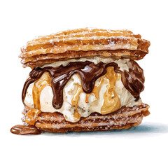 Watercolor vector illustration of Churro Ice Cream Sandwich, isolated on white background.