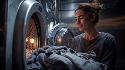 A woman smiling as she loads clothes into a washing machine in a modern laundry room.