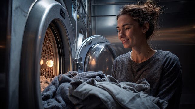 A woman smiling as she loads clothes into a washing machine in a modern laundry room. - Powered by Adobe