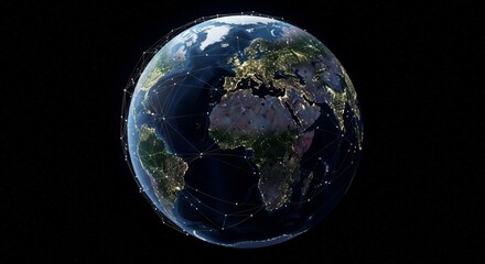Fototapeta premium Global Network Connections at Night - Earth at night, illuminated cities, interconnected global network, international communication, worldwide technology
