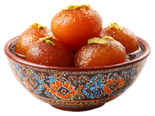Gulab Jamun an Indian and Pakistani sweet dish in a bowl isolated on white background 