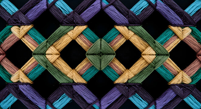 Intricate Geometric Pattern Created with Colorful Interwoven Threads on Dark Backdrop