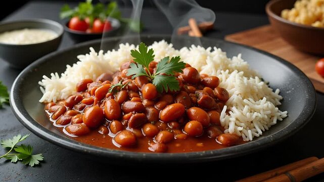 Vibrant, Steaming Bowl of Rajma Chawal: Rich Kidney Bean Curry and Fluffy Rice Delight on a Black Table. Authentic Indian Cuisine Experience
