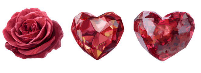 3 red crystal heart and rose icons, isolated on a transparent background.