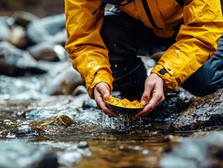 Adventurous person collecting food from a mountain stream while hiking outdoors in nature environment