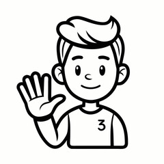 Cartoon boy waving hello with a smile and number three on his shirt