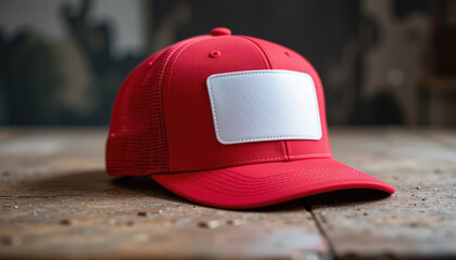 Red Trucker Hat with Blank White Patch Structured Crown Mesh Back.
