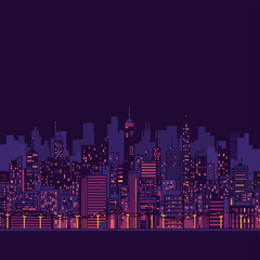 Naklejka premium Vibrant pixel art illustration of a city skyline at night with glowing purple and pink lights.