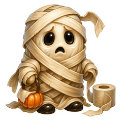 Fototapeta premium Cute sad mummy wrapped beige bandage holding pumpkin and toilet