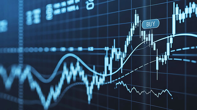 Financial stock market chart with candlestick graph and buy signal for investment trading. Technical analysis on a digital display.