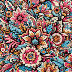 Maximalist floral explosion Dense colorful floral pattern with bold linework and ornate fills