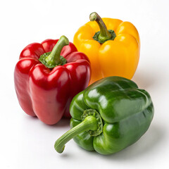 "Colorful Bell Peppers: Red, Yellow, and Green on White Background"
