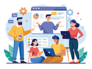 Diverse team collaborating on digital project with data visualization collaboration