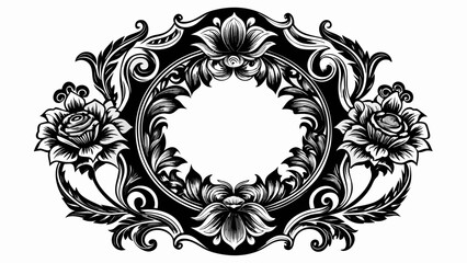 Ornate black and white floral oval frame with roses