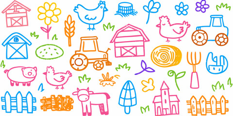 Fototapeta premium A collection of farm life theme hand-drawn colorful doodles. Vector whimsical elements for print.