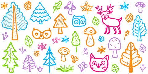 A collection of forest and wildlife theme hand-drawn colorful doodles. Vector whimsical elements for print.