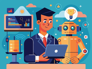 Man trains robot with data on laptop training machine learning