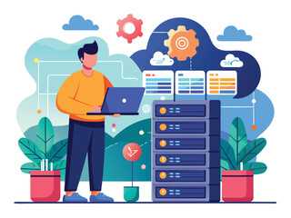 Man with laptop managing server racks and gears technology