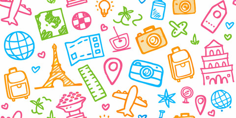 A collection of Travel & Landmarks Theme hand-drawn colorful doodles. Vector whimsical elements for print.