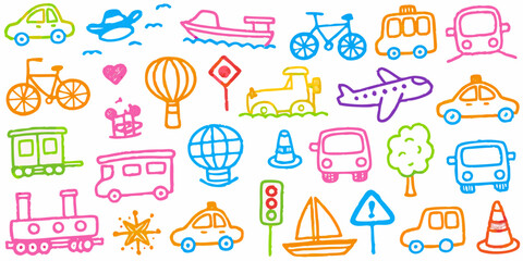 A collection of transportation theme hand-drawn colorful doodles. Vector whimsical elements for print.