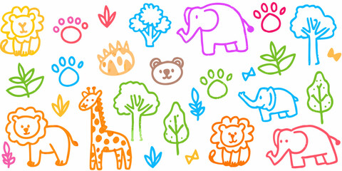 A collection of zoo animals theme hand-drawn colorful doodles. Vector whimsical elements for print.