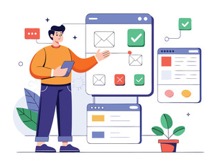 Orange shirt man presenting digital wireframes with checkmarks and envelopes blue pants tablet