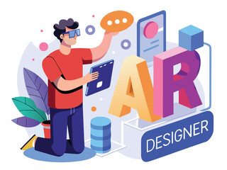 Person testing augmented reality app with 3d letters designer