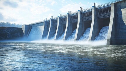 Large Dam with Cascading Water and Reservoir Wall in Bright Day with Clear Blue Sky
